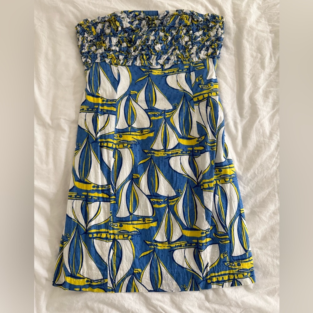 Lilly Pulitzer SZ 2 Strapless Dress Blue and Yellow Boat